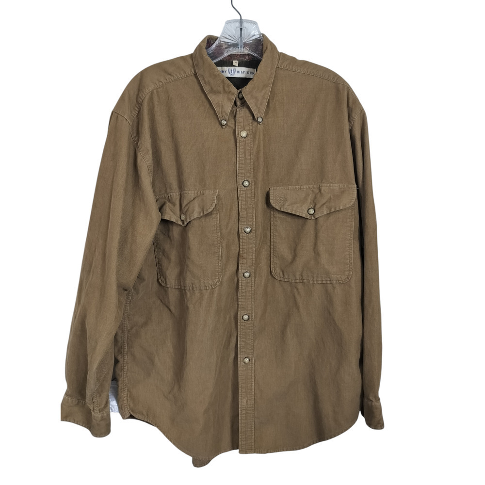 M521)Vintage Tommy Hilfiger Tan Camel Corduroy Long Sleeve Button Up Shirt Med